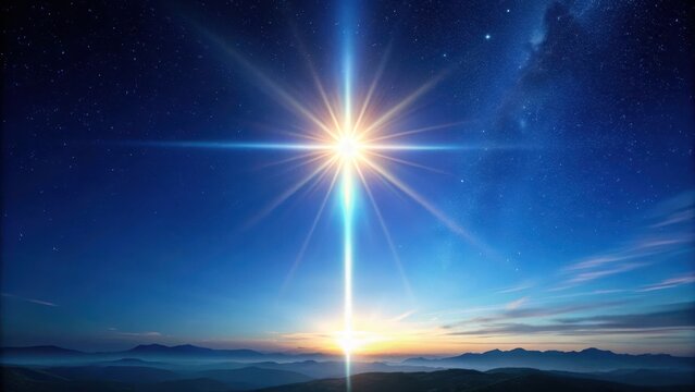 Celestial image of isolated star of Bethlehem with eight rays against a deep blue sky at dusk, ethereal, astral