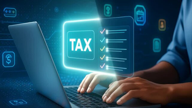 Online Tax Filing Interface with Digital Checklist and Financial Management Icons in Technology Video

