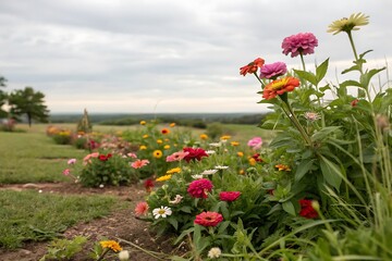 A beautiful field of pink and red flowers blossoms in a colorful garden, showcasing nature's summer beauty