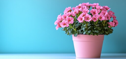 Obraz premium Pink Flowers in a Pink Pot Against a Turquoise Background