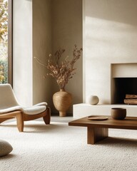 Modern, minimalist living room with warm tones.  Natural light floods the space