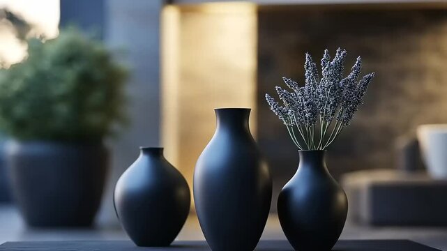 Three elegant black vases of varying sizes with lavender flowers, set in a modern, stylish interior