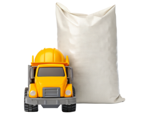 Toy dump truck with large sandbag on a transparent background