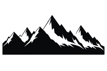 Majestic snow capped mountain range outlined in bold black silhouettes on a white background