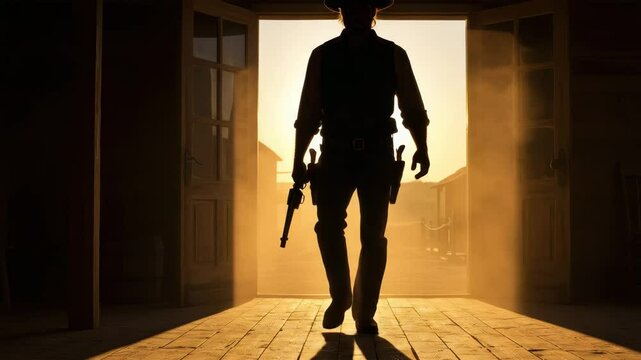 A lone cowboy steps through the saloon doors, golden light shining around him as dusk falls