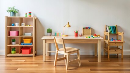 Fototapeta premium A wooden desk with a chair and educational toys arranged around it in an organized manner, Montessori classroom setup, Structured learning