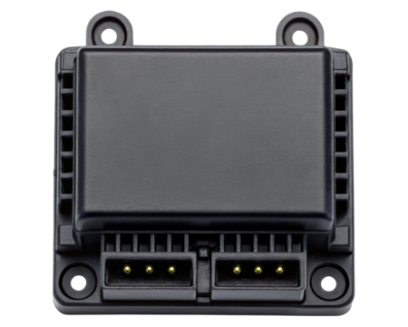 Black electronic component with connectors on a transparent background