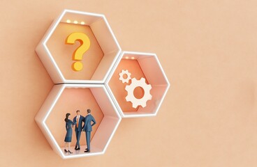 Business people working in hexagon units, honeycombs representing departments and industries, Business concept background with copy space, 3D rendering