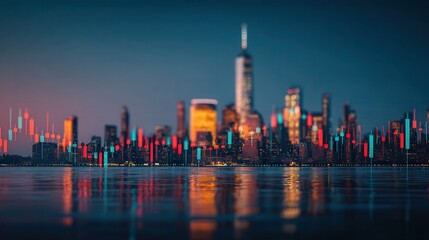 Global economy usa stock market City skyline with abstract trading data visualization at dusk.