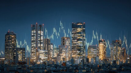 Fototapeta premium Global economy usa stock market Urban skyline with illuminated buildings against a dark background.