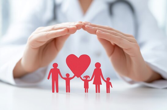 A doctor holds his hands in front of him, symbolically protecting a heart-shaped arrangement of two people and three children paper cutouts, representing care and protection for family members while m