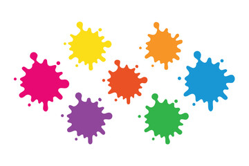 Seven colorful splatters of vibrant paint form a playful cluster on a white backdrop