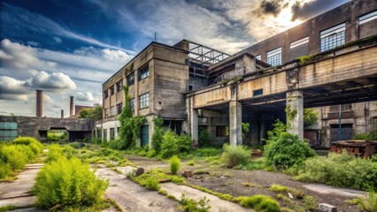 Fototapeta premium Abandoned factory in desolate wasteland with overgrown vegetation and crumbling concrete walls, decayed structures, neglect