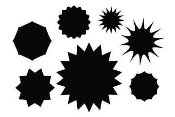 Several black starburst shapes are scattered across a white surface with varied point designs
