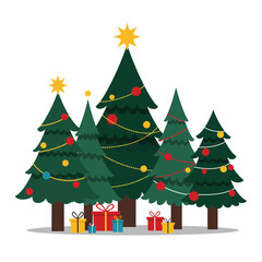 Christmas and New Year Magical green tree with so many holiday decorations isolated on white  background. Can be used easily for celebration cards or banner designs or for any other use.