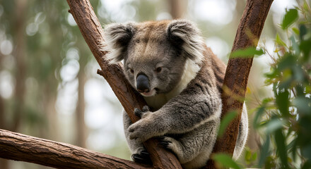 Fototapeta premium Closeup of Koala Peacefully Perched on Eucalyptus Branch in Lush Rainforest with Dappled Sunlight Showcasing Soft Fur Detail and Resting Comfortably in Natural Habitat for Koala Day Design