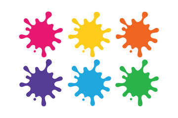 Six colorful paint splashes create abstract splatters on a clean white background