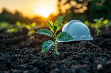 Eco sprout beside a construction helmet on dark soil, sunset background symbolizing harmony between industrial safety and environmental sustainability.