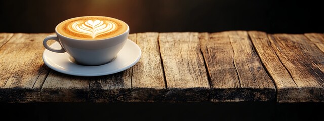 Warm Latte Art on Rustic Wooden Tabletop