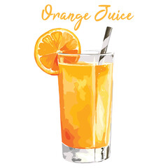 iced orange juice in watercolor illustration style, isolated vector on white background