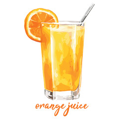 iced orange juice in watercolor illustration style, isolated vector on white background