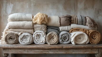 Stacked blankets in various neutral tones displayed on a rustic wooden table