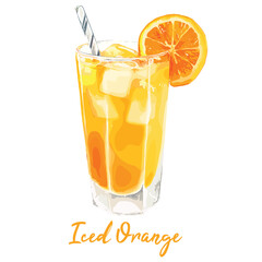 iced orange juice in watercolor illustration style, isolated vector on white background