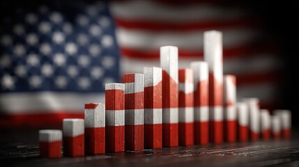 Global economy usa stock market Abstract bar graph with USA flag background illustrating data trends.