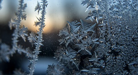 Frost Patterns on a Window Pane at Sunrise
