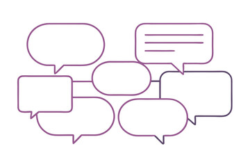 Speech bubbles of varying shapes are linked by lines in a network formation