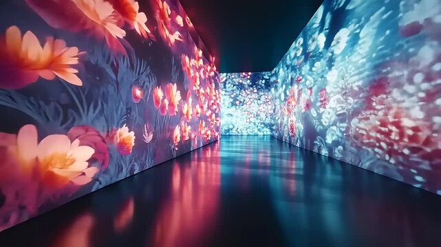 Vibrant floral projection art installation illuminating a modern gallery space with reflections
