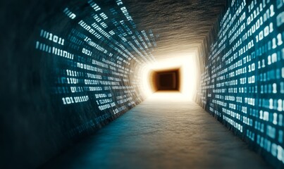 Blue Binary Code Tunnel with White Characters in Data Stream
