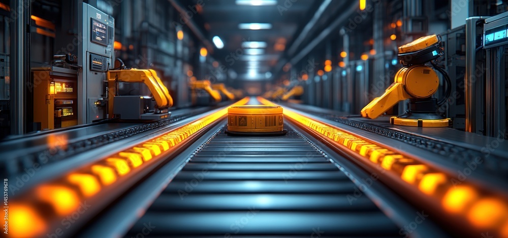 Poster futuristic factory automation: robotic assembly line with orange lighting