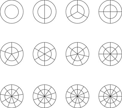 Fractions Pie Geometry Maths Mathematical Education Diagram. Chart Fraction Pie. Fractions pie divided for math. Circle pie with pieces. Segment slice set. Circles divided in segments from 1 to 12