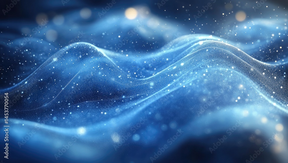 Poster dynamic blue digital fabric design with sparkling particles.