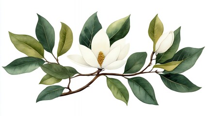 Watercolor Magnolia Branch with White Blossoms and Gold Speckles