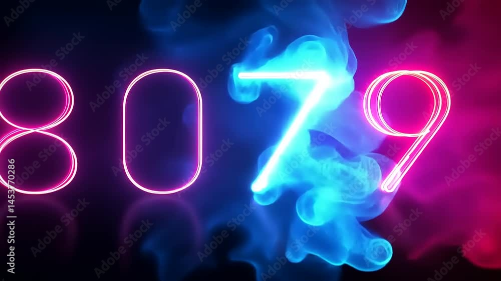 Poster vibrant neon numbers 8079 glowing amidst colorful smoke, creating a dynamic visual effect