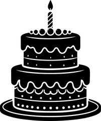 Simple black and white illustration of a birthday cake with candle.