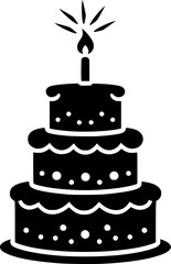 Simple black and white illustration of a birthday cake with candle.