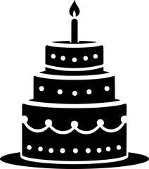 Simple black and white illustration of a birthday cake with candle.