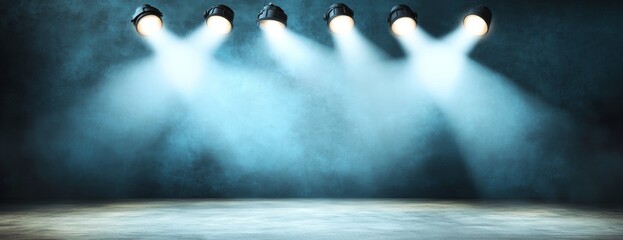 Grunge virtual TV studio set with blue lighting, immersive live news backdrop for digital production