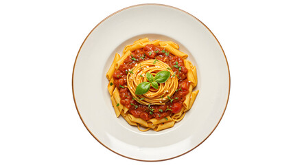 Serving Pasta Dish with Tomato Sauce and Basil Top View