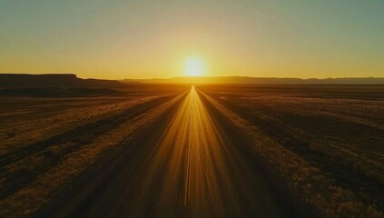 Empty road stretching into golden sunset over arid landscape