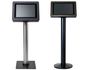 Two Freestanding Kiosk Touchscreen Displays on a transparent background