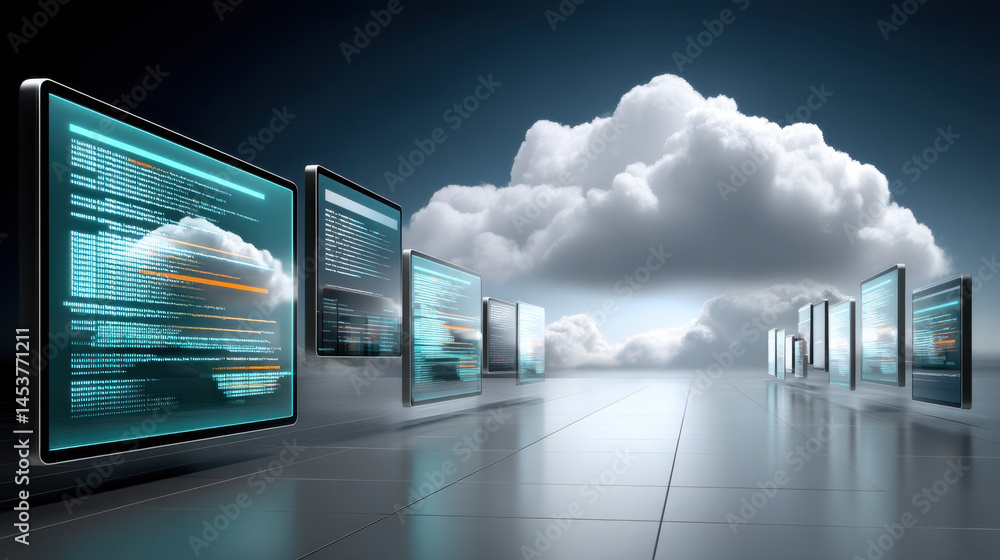 Poster cloud computing concept with digital screens displaying code, futuristic technology, data storage, a