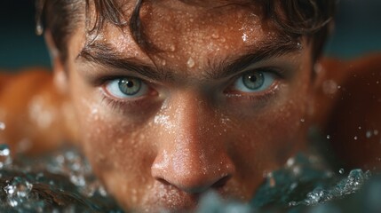 Naklejka premium Swimming competition focused on young athlete indoor pool sports photography close-up dynamic perspective