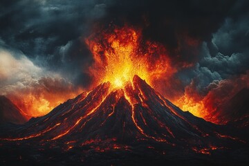 Erupting volcano, fiery lava, dramatic clouds