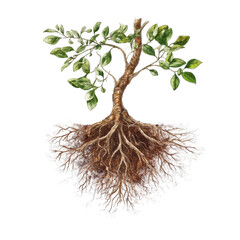 Detailed illustration of a tree with extensive roots and lush green leaves, showcasing the connection between soil and plant life for educational purposes