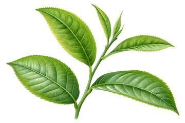 Fototapeta premium Fresh green tea leaves branch isolated on black background botanical illustration