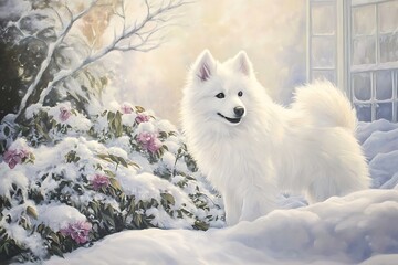 American Eskimo Dog in a snowy garden